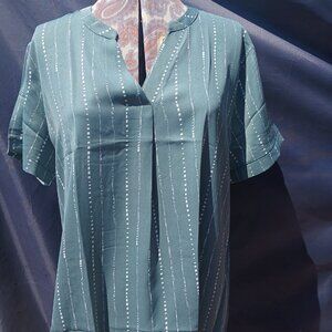 Green Short Sleeve Striped Blouse Shirt Top
